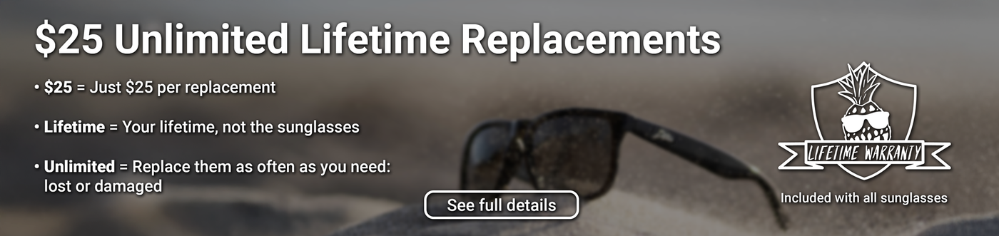 Advertisement for $25 unlimited lifetime replacements on sunglasses with a pair of sunglasses in the background.